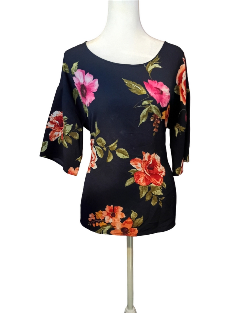 West Kei Navy Blue Dusty Rose Semi Sheer Floral Scoop Neck Blouse Size Small